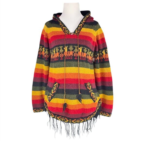 Peruvian Alpaca Rainbow Striped Hooded Sweater Size S Fringe Tassels Pockets - Picture 1 of 6